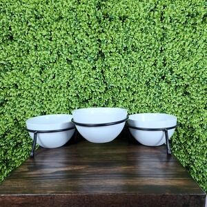 White Essentials 3 Tier Ceramic Serving Bowl Set with Black Metal Stand